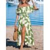 CUPSHE Women Ruffle Floral Maxi Summer Dress Off Shoulder Short Sleeve Backless Flounce Bodice Slit Hem Beach Dresses(Green White)