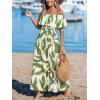 CUPSHE Women Ruffle Floral Maxi Summer Dress Off Shoulder Short Sleeve Backless Flounce Bodice Slit Hem Beach Dresses(Green White)