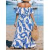 CUPSHE Women Ruffle Floral Maxi Summer Dress Off Shoulder Short Sleeve Backless Flounce Bodice Slit Hem Beach Dresses(Light Blue White)