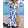 CUPSHE Women Ruffle Floral Maxi Summer Dress Off Shoulder Short Sleeve Backless Flounce Bodice Slit Hem Beach Dresses(Light Blue White)
