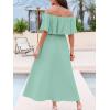 CUPSHE Women Ruffle Floral Maxi Summer Dress Off Shoulder Short Sleeve Backless Flounce Bodice Slit Hem Beach Dresses(Mint)
