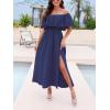 CUPSHE Women Ruffle Floral Maxi Summer Dress Off Shoulder Short Sleeve Backless Flounce Bodice Slit Hem Beach Dresses(Navy)