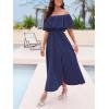 CUPSHE Women Ruffle Floral Maxi Summer Dress Off Shoulder Short Sleeve Backless Flounce Bodice Slit Hem Beach Dresses(Navy)