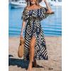 CUPSHE Women Ruffle Floral Maxi Summer Dress Off Shoulder Short Sleeve Backless Flounce Bodice Slit Hem Beach Dresses(Navy Pattern)