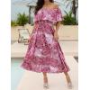 CUPSHE Women Ruffle Floral Maxi Summer Dress Off Shoulder Short Sleeve Backless Flounce Bodice Slit Hem Beach Dresses(Pink)