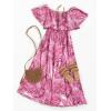 CUPSHE Women Ruffle Floral Maxi Summer Dress Off Shoulder Short Sleeve Backless Flounce Bodice Slit Hem Beach Dresses(Pink)