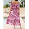 CUPSHE Women Ruffle Floral Maxi Summer Dress Off Shoulder Short Sleeve Backless Flounce Bodice Slit Hem Beach Dresses(Pink)