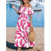 CUPSHE Women Ruffle Floral Maxi Summer Dress Off Shoulder Short Sleeve Backless Flounce Bodice Slit Hem Beach Dresses(Pink White)