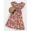CUPSHE Women Ruffle Floral Maxi Summer Dress Off Shoulder Short Sleeve Backless Flounce Bodice Slit Hem Beach Dresses(Red Leaf)
