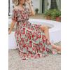 CUPSHE Women Ruffle Floral Maxi Summer Dress Off Shoulder Short Sleeve Backless Flounce Bodice Slit Hem Beach Dresses(Red Leaf)
