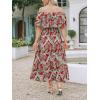 CUPSHE Women Ruffle Floral Maxi Summer Dress Off Shoulder Short Sleeve Backless Flounce Bodice Slit Hem Beach Dresses(Red Leaf)