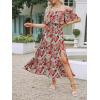 CUPSHE Women Ruffle Floral Maxi Summer Dress Off Shoulder Short Sleeve Backless Flounce Bodice Slit Hem Beach Dresses(Red Leaf)