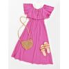 CUPSHE Women Ruffle Floral Maxi Summer Dress Off Shoulder Short Sleeve Backless Flounce Bodice Slit Hem Beach Dresses(Solid Fuchsia)