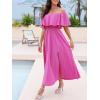 CUPSHE Women Ruffle Floral Maxi Summer Dress Off Shoulder Short Sleeve Backless Flounce Bodice Slit Hem Beach Dresses(Solid Fuchsia)