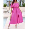 CUPSHE Women Ruffle Floral Maxi Summer Dress Off Shoulder Short Sleeve Backless Flounce Bodice Slit Hem Beach Dresses(Solid Fuchsia)