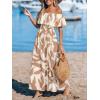 CUPSHE Women Ruffle Floral Maxi Summer Dress Off Shoulder Short Sleeve Backless Flounce Bodice Slit Hem Beach Dresses(Tan White)