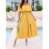 CUPSHE Women Ruffle Floral Maxi Summer Dress Off Shoulder Short Sleeve Backless Flounce Bodice Slit Hem Beach Dresses(Yellow)