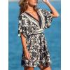 CUPSHE Women Summer Dresses Floral Plunging V Neck Short Sleeve Elastic Waist Beach Vacation Mini Dress(Black)
