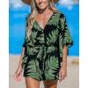 CUPSHE Women’s Boho Floral Romper Short Sleeve V Neck Tie Waist Summer Beach Jumpsuit Tropical Resort Vacation Outfits(Black/Green Leaves)
