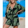 CUPSHE Women’s Boho Floral Romper Short Sleeve V Neck Tie Waist Summer Beach Jumpsuit Tropical Resort Vacation Outfits(Black/Green Leaves)