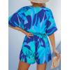 CUPSHE Women’s Boho Floral Romper Short Sleeve V Neck Tie Waist Summer Beach Jumpsuit Tropical Resort Vacation Outfits(Deep Blue Floral)