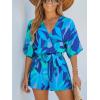 CUPSHE Women’s Boho Floral Romper Short Sleeve V Neck Tie Waist Summer Beach Jumpsuit Tropical Resort Vacation Outfits(Deep Blue Floral)
