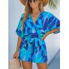 CUPSHE Women’s Boho Floral Romper Short Sleeve V Neck Tie Waist Summer Beach Jumpsuit Tropical Resort Vacation Outfits(Deep Blue Floral)