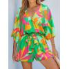 CUPSHE Women’s Boho Floral Romper Short Sleeve V Neck Tie Waist Summer Beach Jumpsuit Tropical Resort Vacation Outfits(Green Pink Floral)