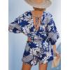 CUPSHE Women’s Boho Floral Romper Short Sleeve V Neck Tie Waist Summer Beach Jumpsuit Tropical Resort Vacation Outfits(Navy Floral)