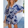 CUPSHE Women’s Boho Floral Romper Short Sleeve V Neck Tie Waist Summer Beach Jumpsuit Tropical Resort Vacation Outfits(Navy Floral)