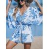 CUPSHE Women’s Boho Floral Romper Short Sleeve V Neck Tie Waist Summer Beach Jumpsuit Tropical Resort Vacation Outfits(White/Blue Leaves)