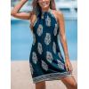CUPSHE Women’s Boho Mini Dress Halter Sleeveless Paisley Self Tie Back Summer Casual Beach Dress(Navy Blue)
