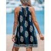 CUPSHE Women’s Boho Mini Dress Halter Sleeveless Paisley Self Tie Back Summer Casual Beach Dress(Navy Blue)