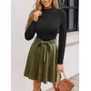 CUPSHE Women’s Fall Dresses Long Sleeves Round Neck Casual Outfits A Line Work Belted Vacation Mini Sundress(Olive Green)