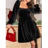 CUPSHE Women’s Long Sleeve Mini Party Dress Square Neck Velvet Dress Fall Cocktail Wedding Guest Evening Dress(Black)