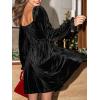 CUPSHE Women’s Long Sleeve Mini Party Dress Square Neck Velvet Dress Fall Cocktail Wedding Guest Evening Dress(Black)