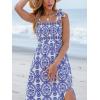 CUPSHE Women’s Maxi Dress Casual Smocked Straps Paisley Ruffled Slit A Line Long Beach Summer Dress(Blue)