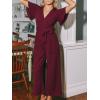 CUPSHE Womens Maxi Jumpsuit Dressy V Neck Short Sleeves Wide Leg Belted One Piece Outfit Overall Casual Fall Romper(Burgundy)