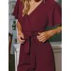CUPSHE Womens Maxi Jumpsuit Dressy V Neck Short Sleeves Wide Leg Belted One Piece Outfit Overall Casual Fall Romper(Burgundy)
