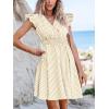 CUPSHE Women’s Mini Dress V Neck Flutter Sleeve Striped Smocked Waist A Line Short Summer Cocktail Dress(Beige Striped)