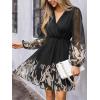 CUPSHE Women’s Mini Dresses Casual Spring V Neck Chiffon Long Peasant Sleeves Flowy Spring Dress(Black)