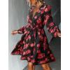 CUPSHE Women’s Mini Dresses Casual Spring V Neck Chiffon Long Peasant Sleeves Flowy Spring Dress(Red Floral)