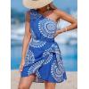 CUPSHE Women’s One Shoulder Leaf Print Self-tie Short Dress Sleeveless Tiered Hem Formal Dress Casual Mini Dress(Blue White Paisley)