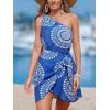 CUPSHE Women’s One Shoulder Leaf Print Self-tie Short Dress Sleeveless Tiered Hem Formal Dress Casual Mini Dress(Blue White Paisley)