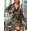 CUPSHE Women’s Paisley Printed Fall Mini Dress V Neck Long Sleeve Smocked Waist Flowy Ruffled Vacation Dresses(Black)