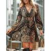 CUPSHE Women’s Paisley Printed Fall Mini Dress V Neck Long Sleeve Smocked Waist Flowy Ruffled Vacation Dresses(Black)