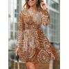 CUPSHE Women’s Paisley Printed Fall Mini Dress V Neck Long Sleeve Smocked Waist Flowy Ruffled Vacation Dresses(Brown)