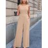CUPSHE Women’s Romper Sleeveless Crew Neck Waist Cutout Wide Leg Maxi Jumpsuit Outfit Casual Dressy(Khaki)