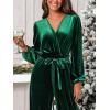 CUPSHE Women’s Romper V Neck Knit Surplice Long Sleeves Waist tie Pockets Straight leg Jumpsuit Outfit Casual Dressy(Green)