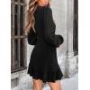 CUPSHE Womens Ruched Fall Dresses V Neck Long Sleeve Belted Ruffled Casual Bodycon Flowy Party Elegant Mini Cocktail Dress(Black)